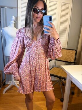 For Love & Lemons Laurie Pink Floral Puff-Sleeve Mini Dress